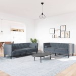 vidaXL Set canapele Chesterfield cu perne rulou, 2 piese, gri, catifea vidaXL Set canapele Chesterfield cu perne rulou, 2 piese, gri, catifea