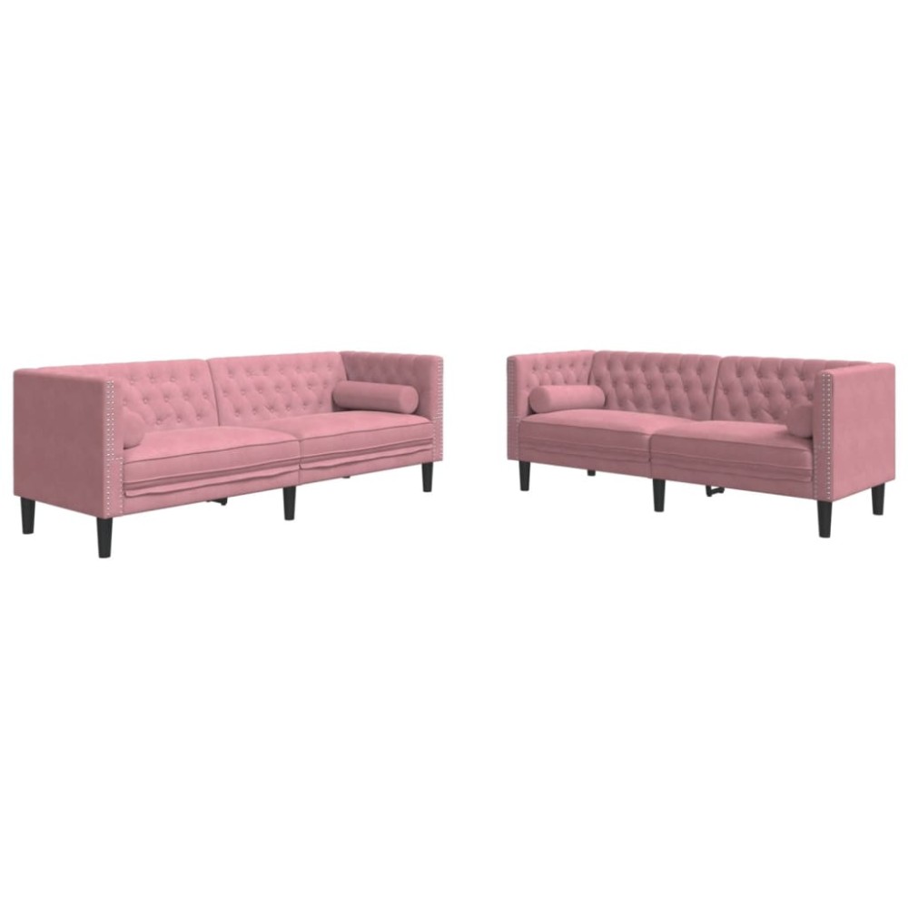 vidaXL Set canapele Chesterfield cu perne rulou, 2 piese, roz, catifea