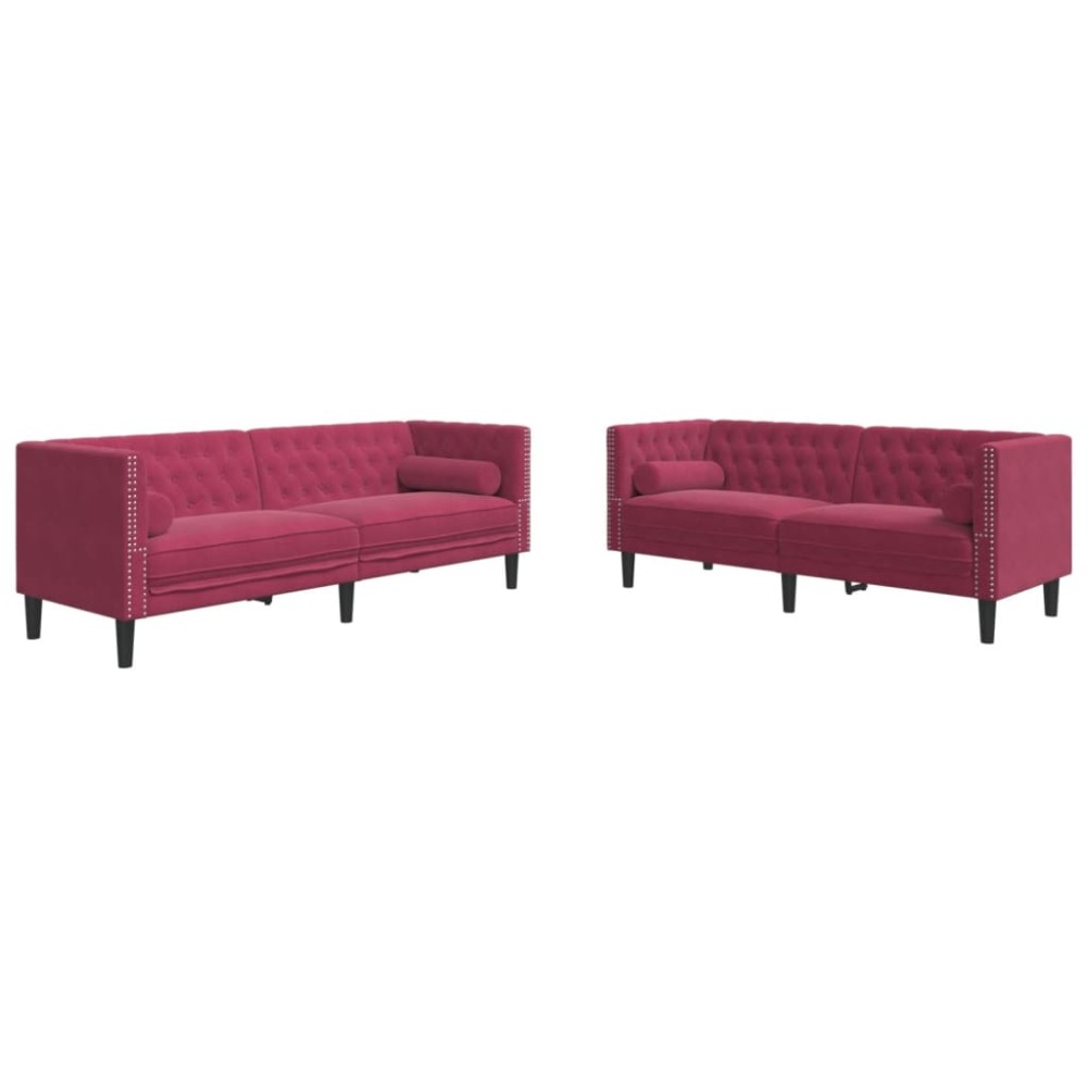 vidaXL Set canapele Chesterfield perne rulou 2 piese roșu vin catifea