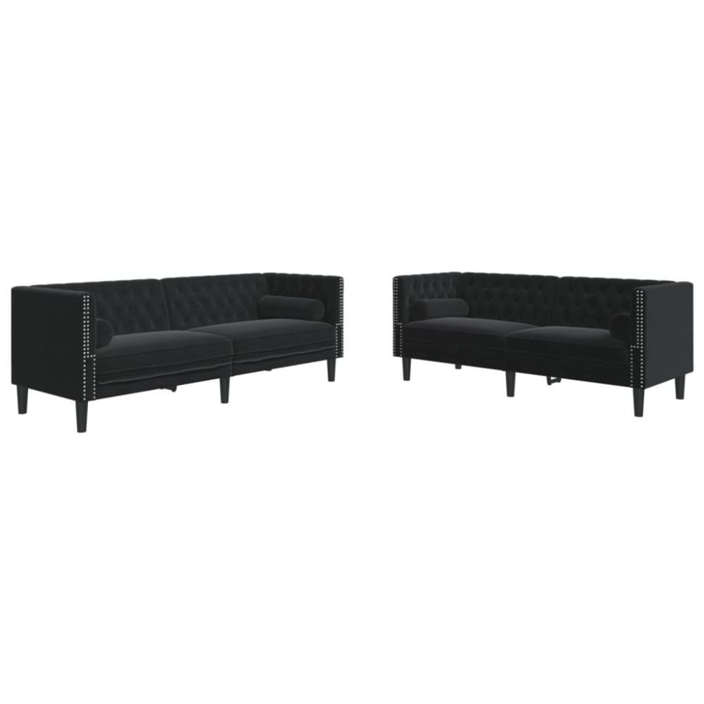 vidaXL Set canapele Chesterfield cu perne rulou 2 piese negru catifea