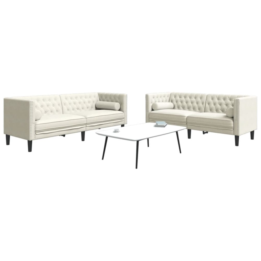 vidaXL Set canapele Chesterfield cu perne rulou 2 piese, crem, catifea