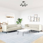 vidaXL Set canapele Chesterfield cu perne rulou 2 piese, crem, catifea vidaXL Set canapele Chesterfield cu perne rulou 2 piese, crem, catifea