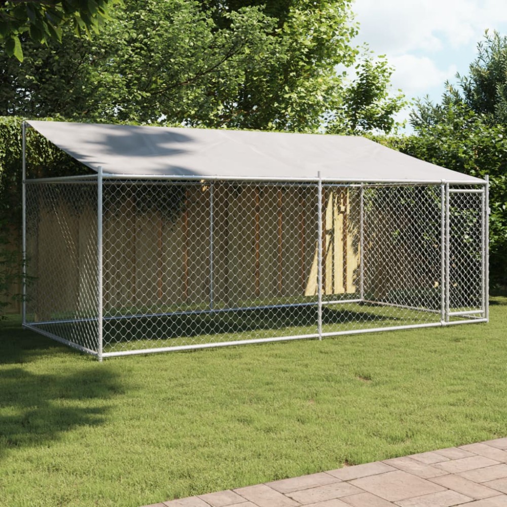 vidaXL Cușcă câini cu acoperiș și uși, gri, 4x2x2 m, oțel galvanizat