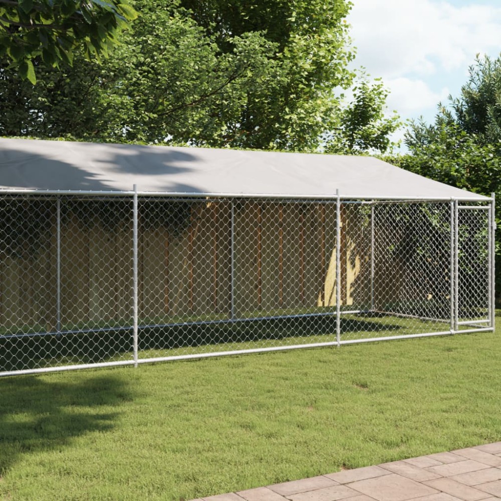 vidaXL Cușcă câini cu acoperiș și uși, gri, 8x2x2 m, oțel galvanizat