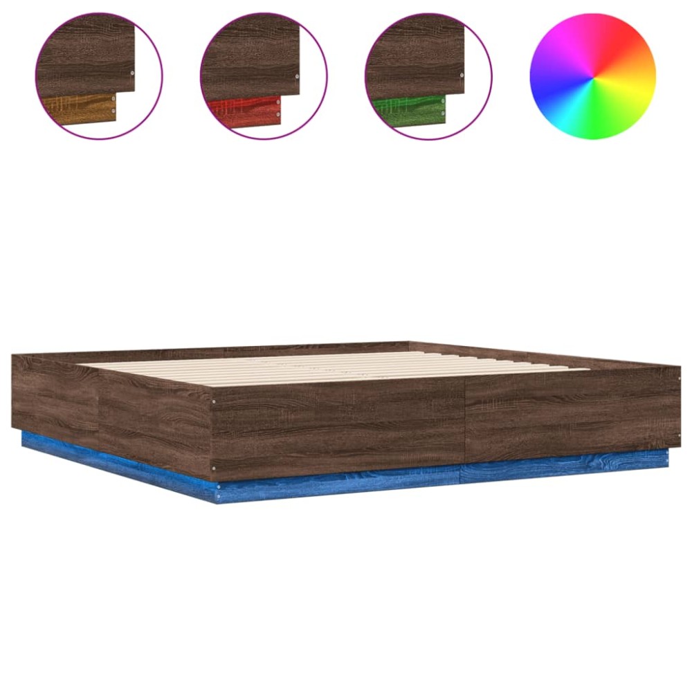 vidaXL Cadru de pat cu lumini LED stejar maro 200x200cm lemn prelucrat