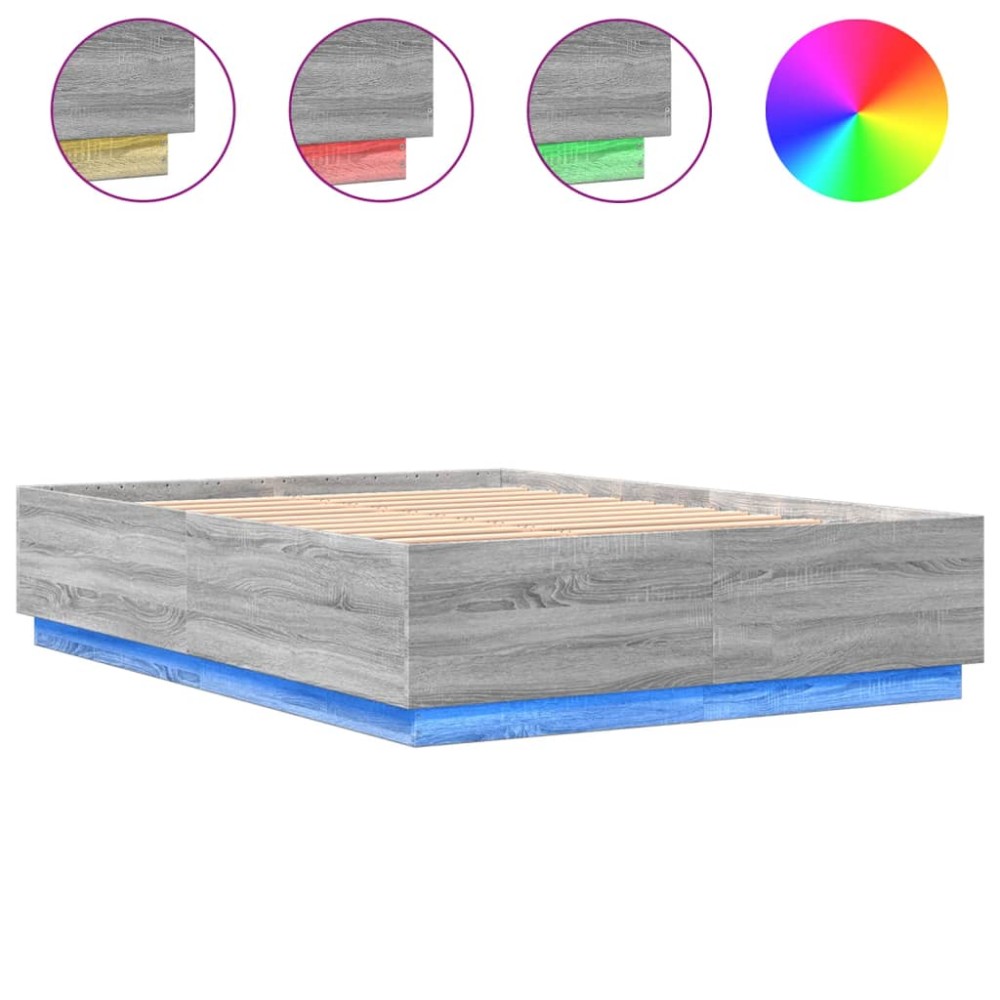 vidaXL Cadru de pat cu lumini LED gri sonoma 140x200 cm lemn prelucrat