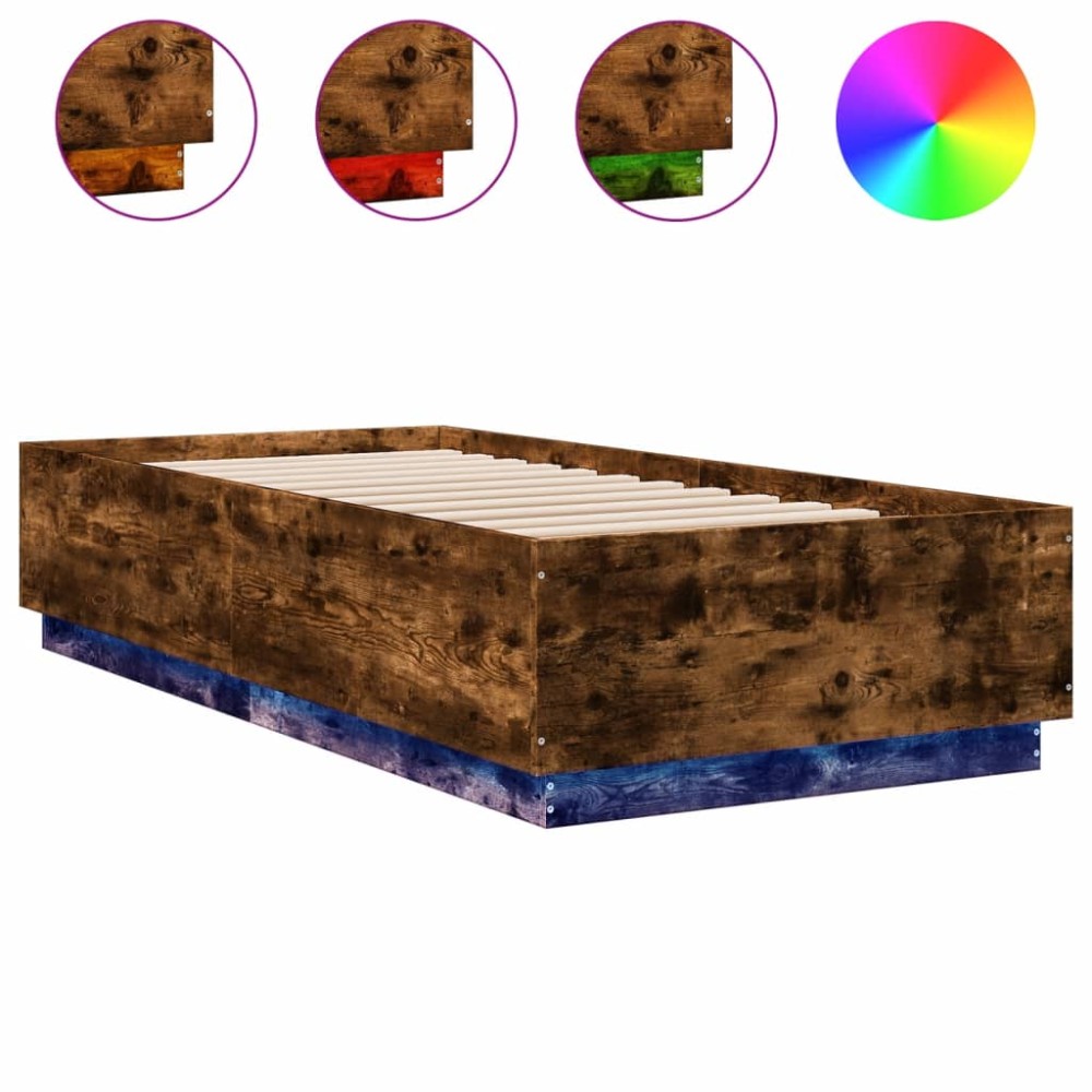 vidaXL Cadru de pat cu LED, stejar fumuriu, 100x200 cm, lemn prelucrat
