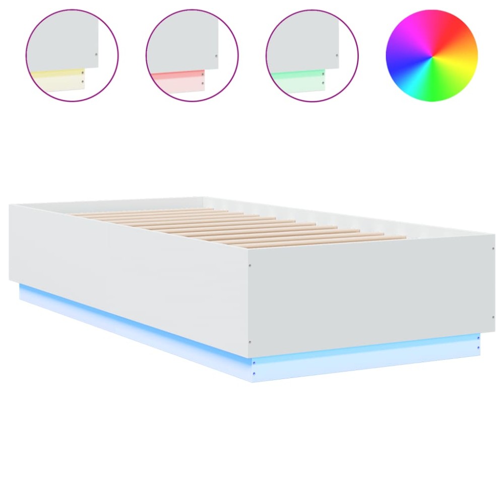 vidaXL Cadru de pat cu lumini LED, alb, 90x200 cm, lemn prelucrat