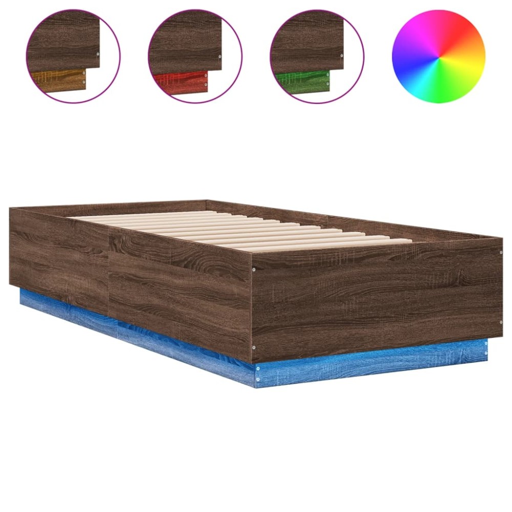 vidaXL Cadru de pat cu lumini LED stejar maro 90x200 cm lemn prelucrat
