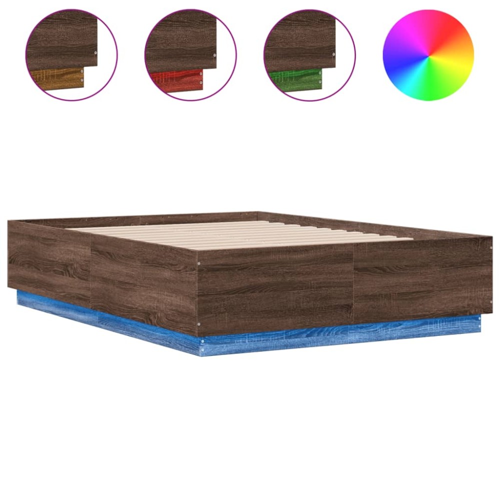vidaXL Cadru de pat cu lumini LED stejar maro 140x190cm lemn prelucrat