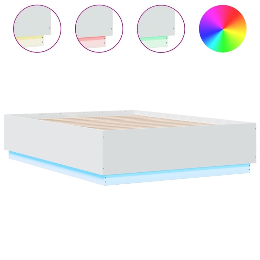 vidaXL Cadru de pat cu lumini LED, alb, 135x190 cm, lemn prelucrat