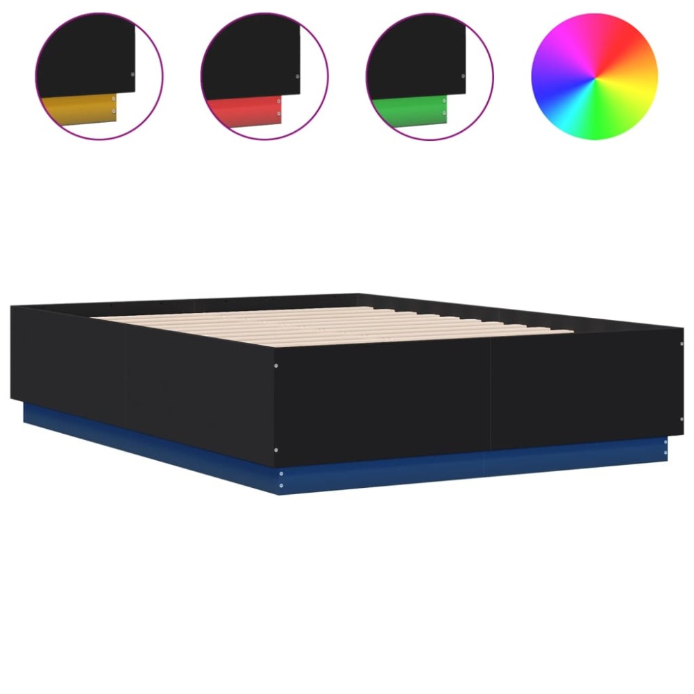 vidaXL Cadru de pat cu lumini LED, negru, 135x190 cm, lemn prelucrat