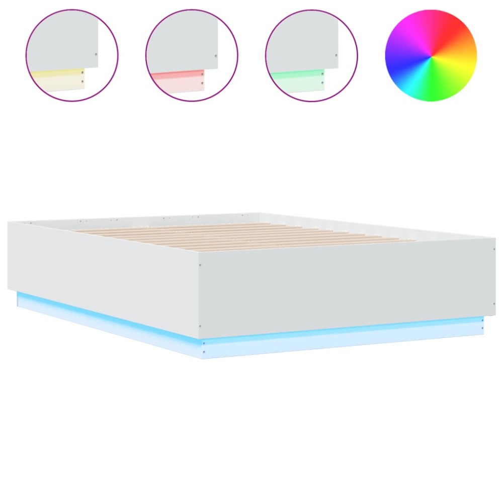 vidaXL Cadru de pat cu lumini LED, alb, 120x190 cm, lemn prelucrat