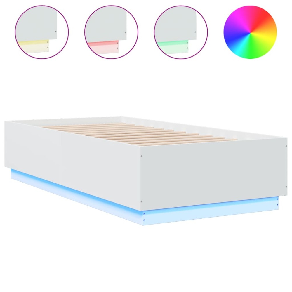 vidaXL Cadru de pat cu lumini LED, alb, 90x190 cm, lemn prelucrat