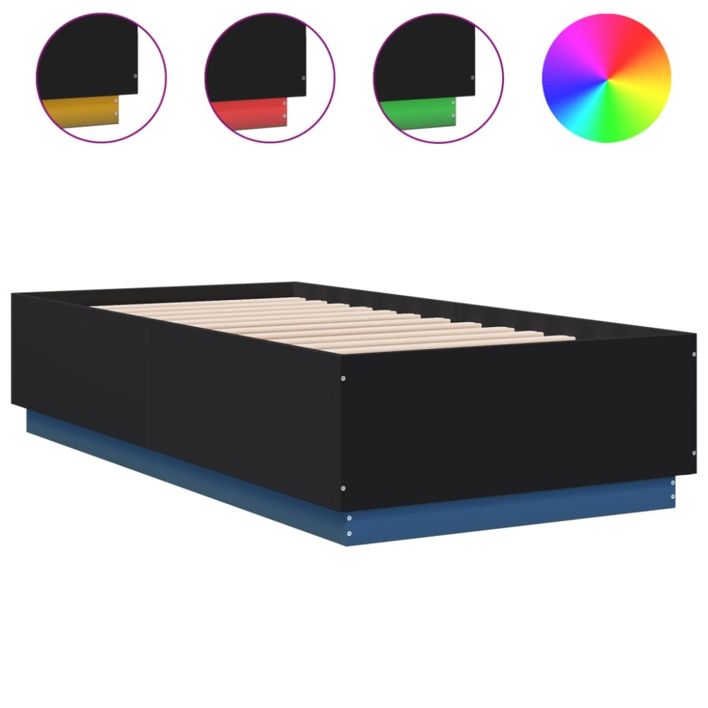 vidaXL Cadru de pat cu lumini LED, negru, 90x190 cm, lemn prelucrat