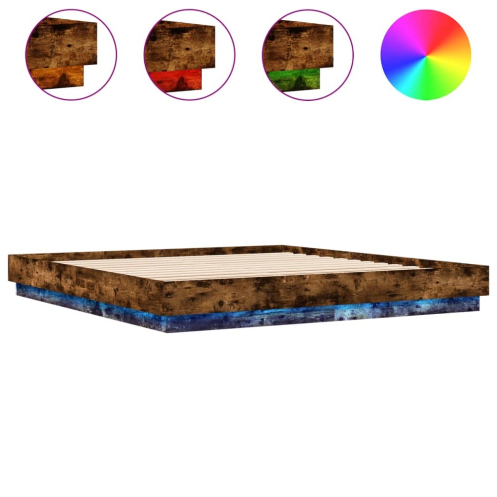 vidaXL Cadru de pat cu lumini LED, stejar fumuriu, 180x200 cm