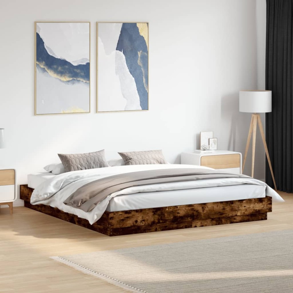 vidaXL Cadru de pat cu lumini LED, stejar fumuriu, 180x200 cm