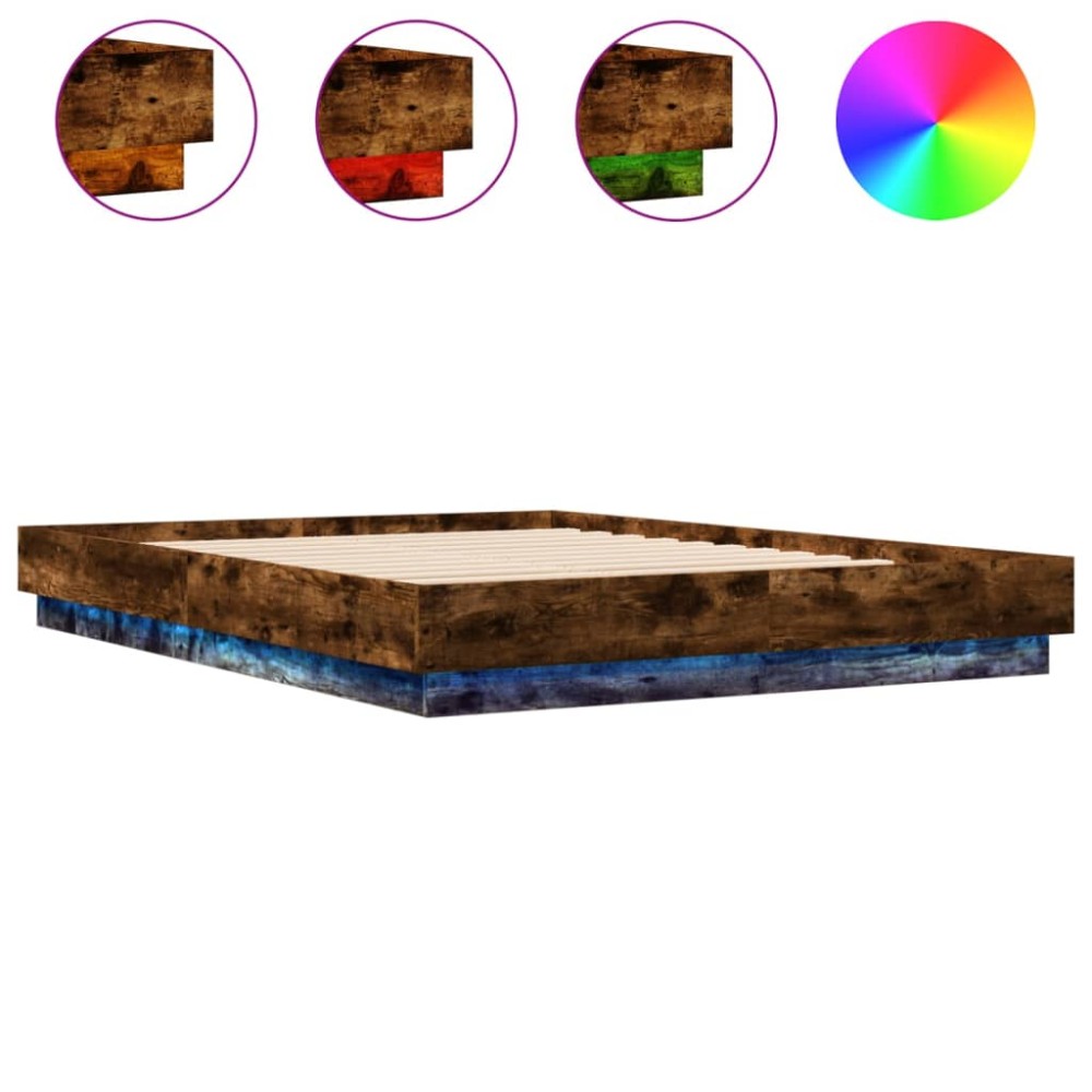 vidaXL Cadru de pat cu lumini LED, stejar fumuriu, 150x200 cm