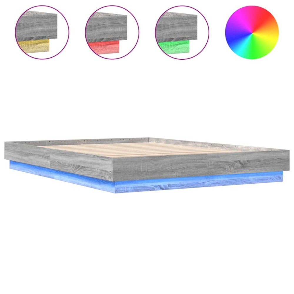 vidaXL Cadru de pat cu lumini LED, gri sonoma, 140x200 cm