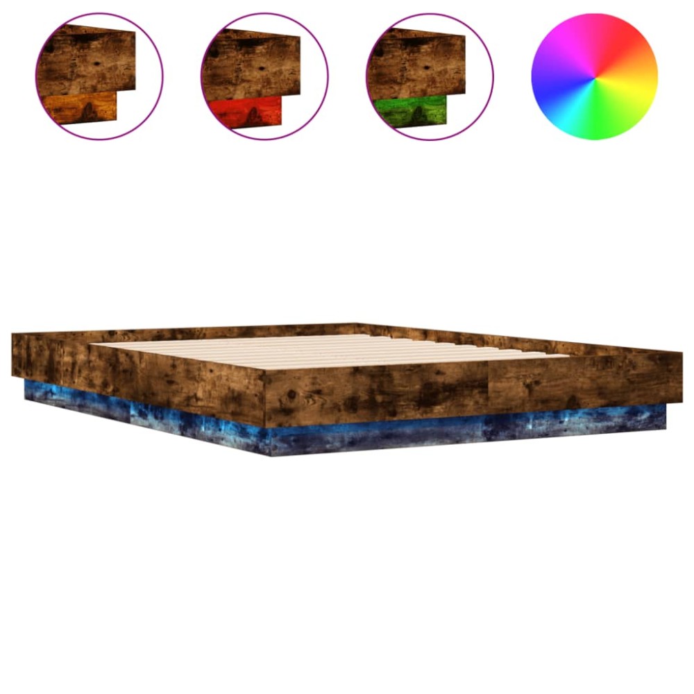 vidaXL Cadru de pat cu lumini LED, stejar fumuriu, 135x190 cm