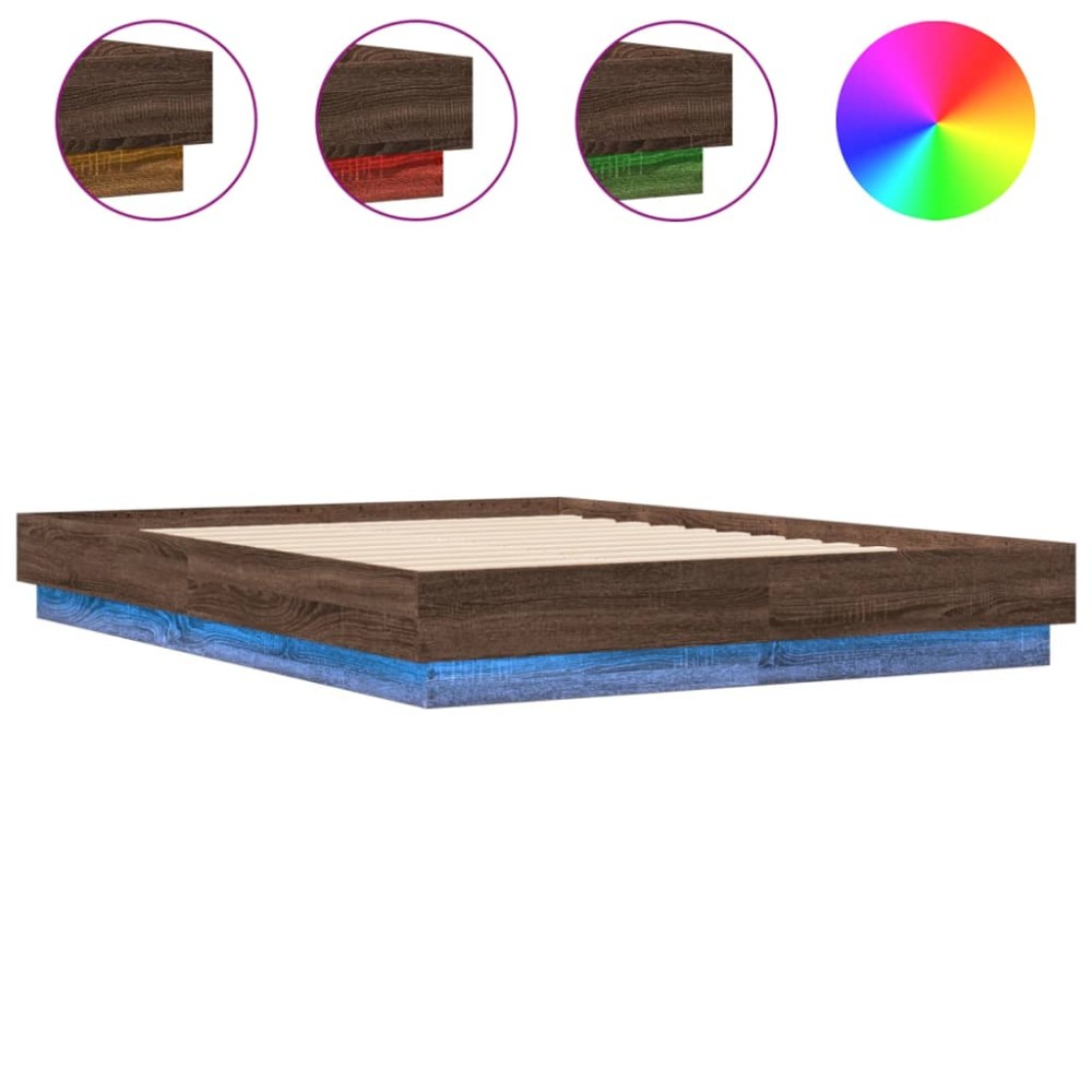 vidaXL Cadru de pat cu lumini LED, stejar maro, 135x190 cm