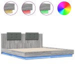 vidaXL Cadru de pat cu tăblie și lumini LED, gri sonoma, 200x200 cm