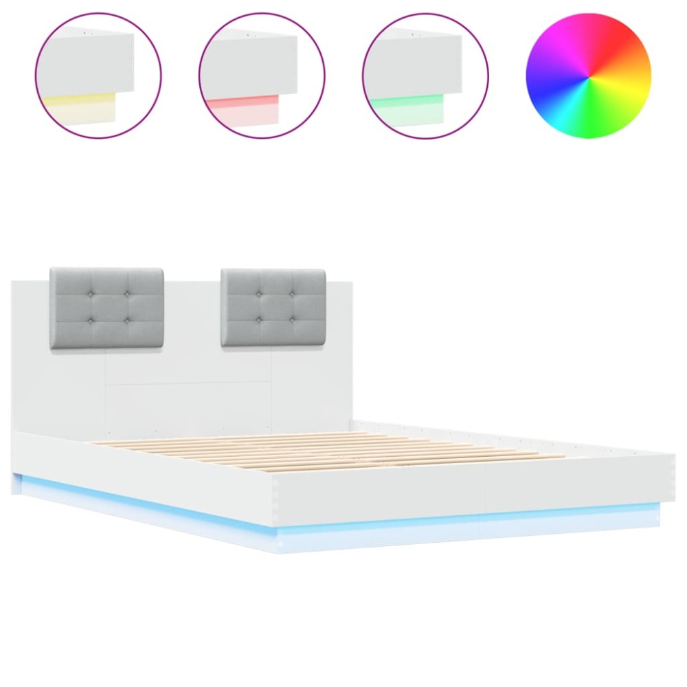 vidaXL Cadru de pat cu tăblie și lumini LED, alb, 150x200 cm