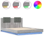 vidaXL Cadru de pat cu tăblie și lumini LED, gri sonoma, 150x200 cm