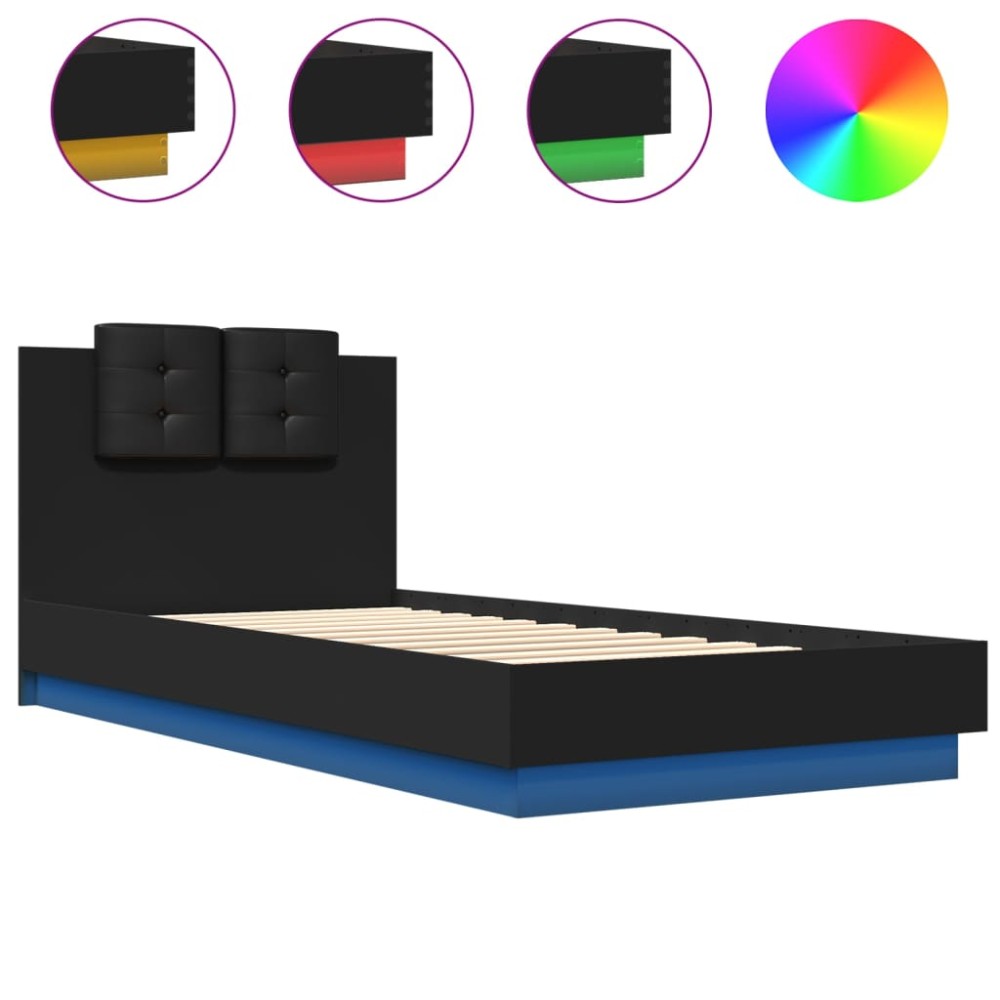 vidaXL Cadru de pat cu tăblie și lumini LED, negru, 100x200 cm
