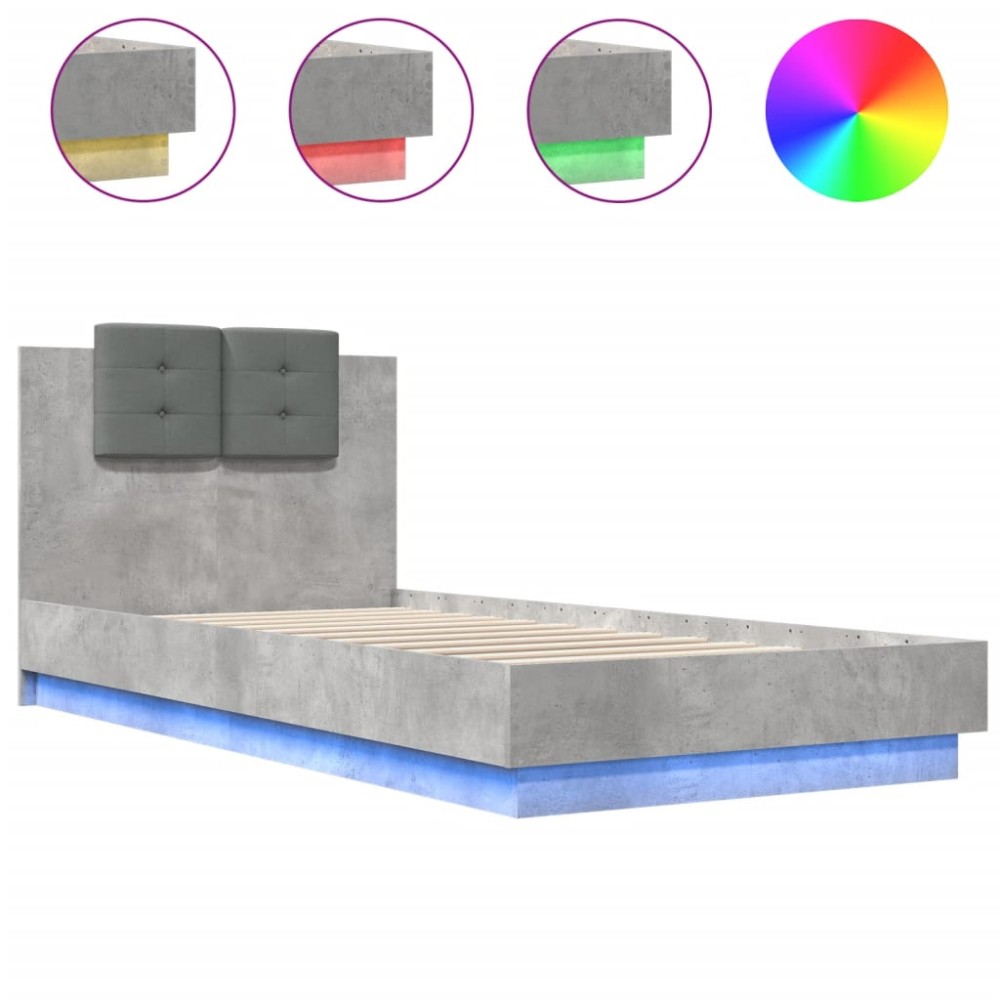 vidaXL Cadru de pat cu tăblie și lumini LED, gri beton, 100x200 cm