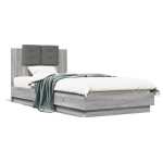 vidaXL Cadru de pat cu tăblie și lumini LED, gri sonoma, 100x200 cm
