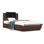vidaXL Cadru de pat cu tăblie și lumini LED, stejar maro, 90x200 cm vidaXL Cadru de pat cu tăblie și lumini LED, stejar maro, 90x200 cm