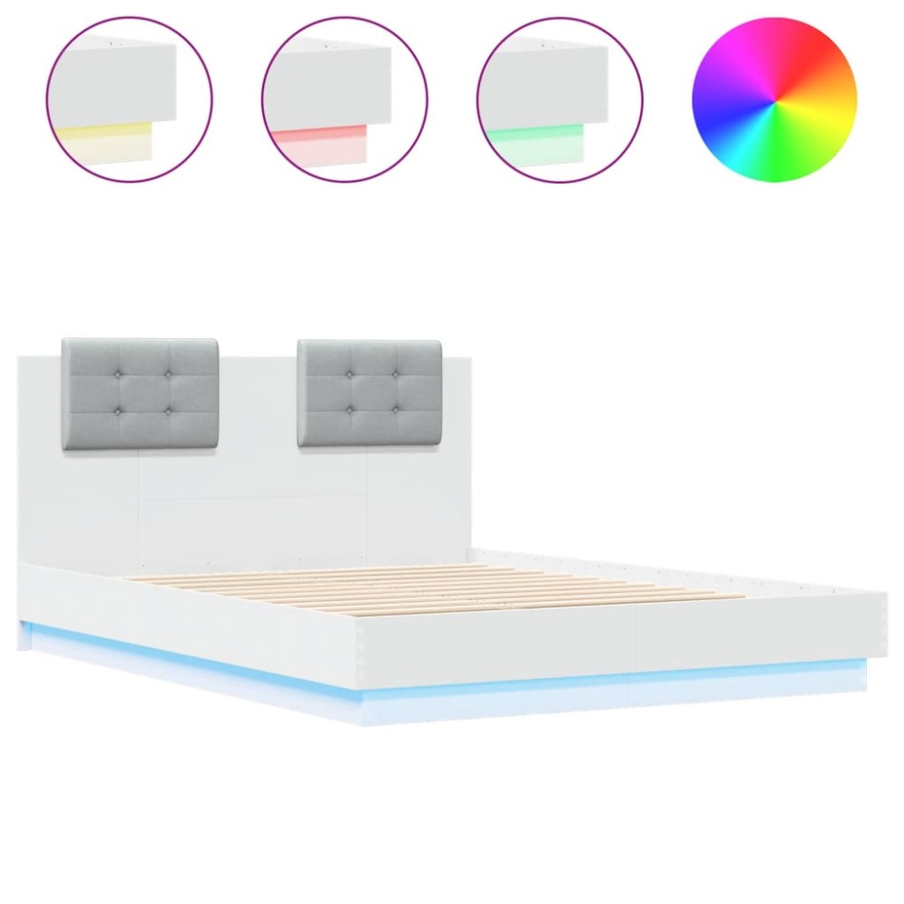 vidaXL Cadru de pat cu tăblie și lumini LED, alb, 140x190 cm
