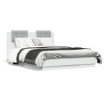 vidaXL Cadru de pat cu tăblie și lumini LED, alb, 140x190 cm