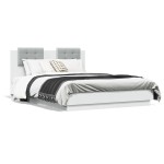 vidaXL Cadru de pat cu tăblie și lumini LED, alb, 135x190 cm vidaXL Cadru de pat cu tăblie și lumini LED, alb, 135x190 cm