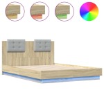 vidaXL Cadru de pat cu tăblie și lumini LED, stejar sonoma, 135x190 cm