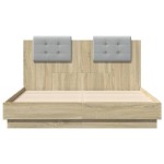 vidaXL Cadru de pat cu tăblie și lumini LED, stejar sonoma, 135x190 cm