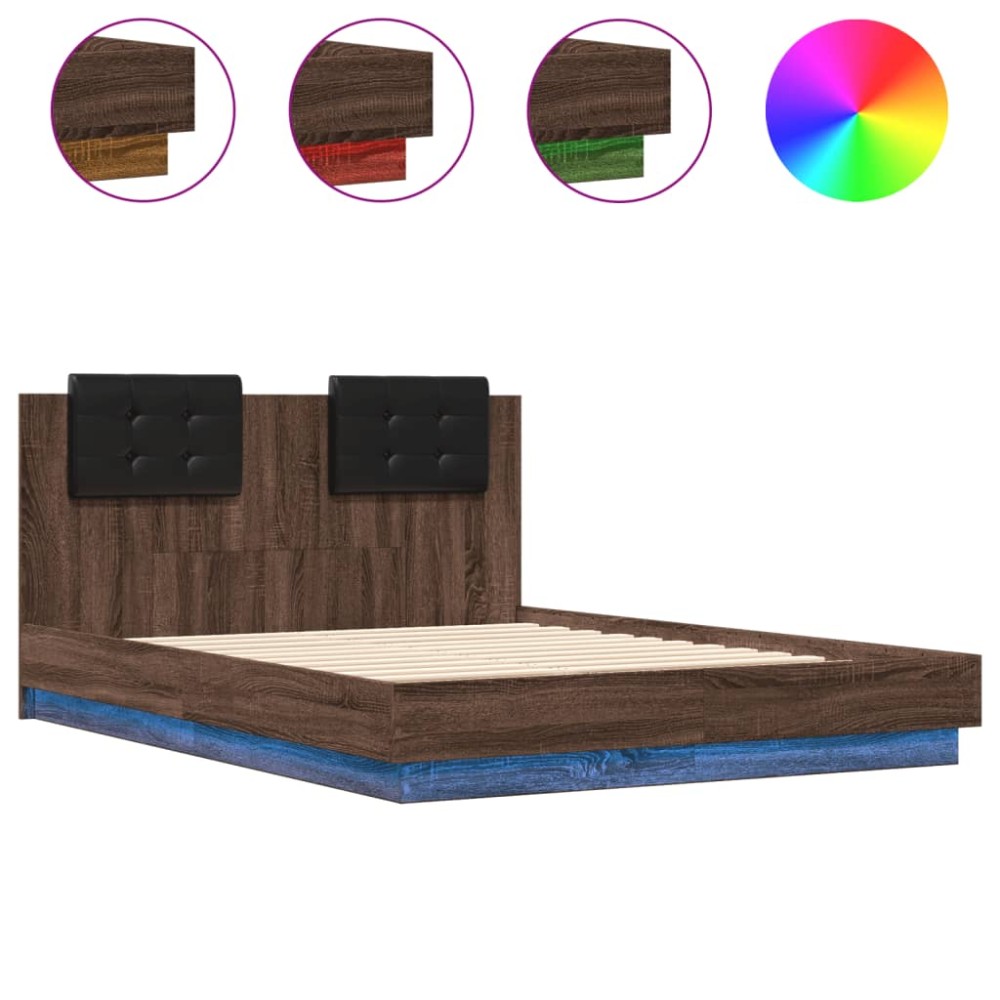vidaXL Cadru de pat cu tăblie și lumini LED, stejar maro, 135x190 cm