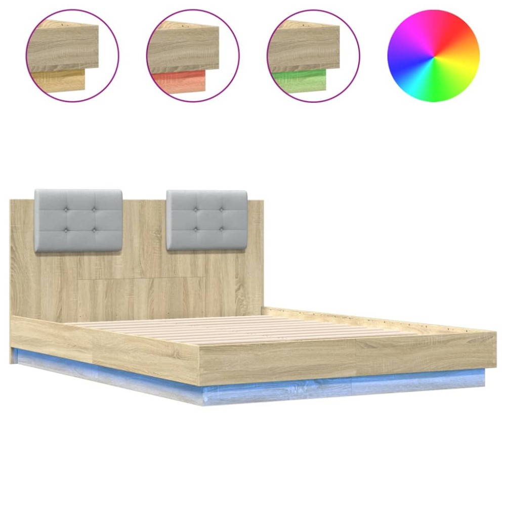 vidaXL Cadru de pat cu tăblie și lumini LED, stejar sonoma, 120x190 cm