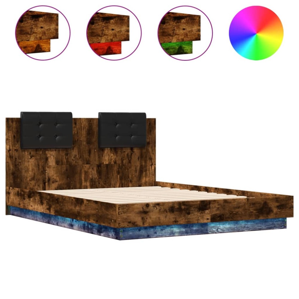 vidaXL Cadru de pat cu tăblie și lumini LED, stejar fumuriu, 120x190cm