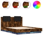 vidaXL Cadru de pat cu tăblie și lumini LED, stejar fumuriu, 120x190cm vidaXL Cadru de pat cu tăblie și lumini LED, stejar fumuriu, 120x190cm