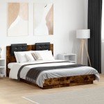 vidaXL Cadru de pat cu tăblie și lumini LED, stejar fumuriu, 120x190cm vidaXL Cadru de pat cu tăblie și lumini LED, stejar fumuriu, 120x190cm