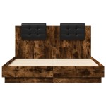 vidaXL Cadru de pat cu tăblie și lumini LED, stejar fumuriu, 120x190cm vidaXL Cadru de pat cu tăblie și lumini LED, stejar fumuriu, 120x190cm