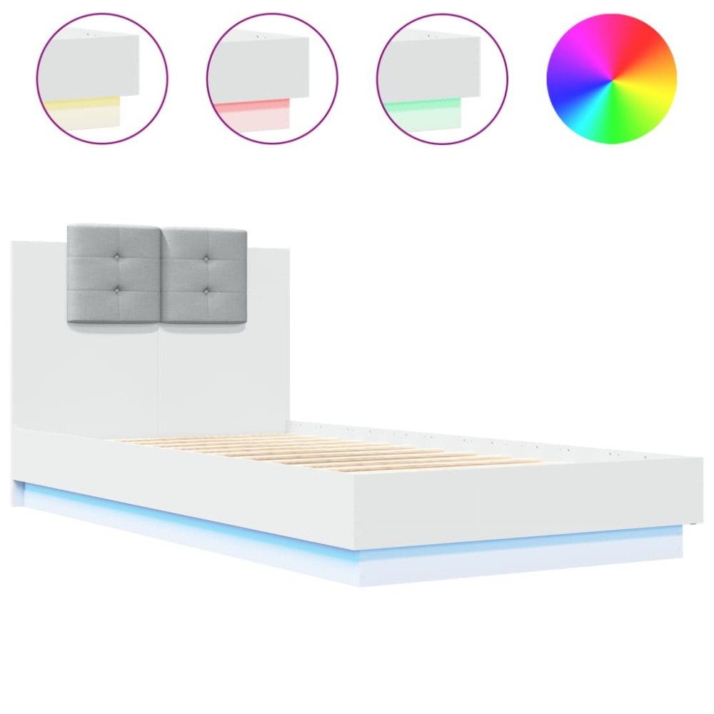vidaXL Cadru de pat cu tăblie și lumini LED, alb, 90x190 cm