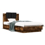 vidaXL Cadru de pat cu tăblie și lumini LED, stejar fumuriu, 90x190 cm