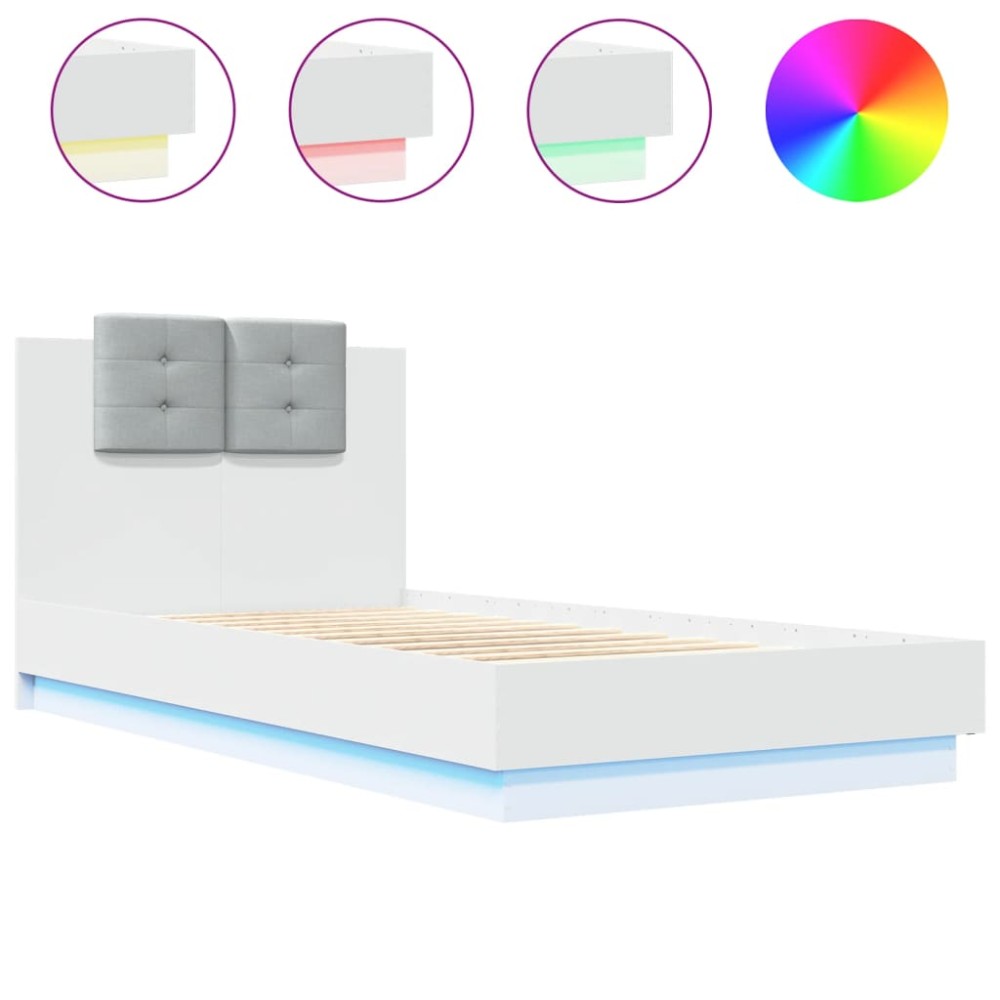 vidaXL Cadru de pat cu tăblie și lumini LED, alb, 75x190 cm