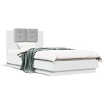 vidaXL Cadru de pat cu tăblie și lumini LED, alb, 75x190 cm