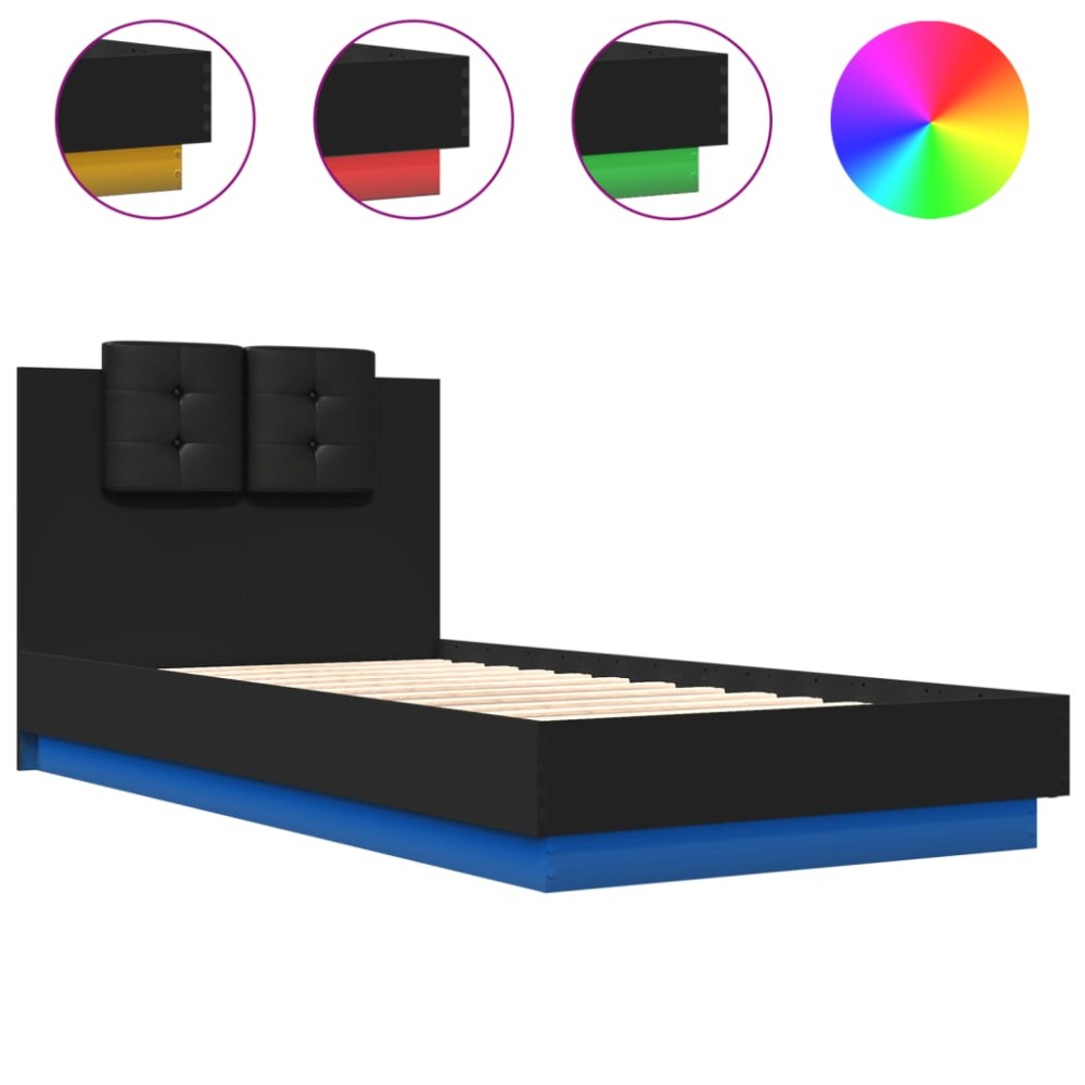 vidaXL Cadru de pat cu tăblie și lumini LED, negru, 75x190 cm