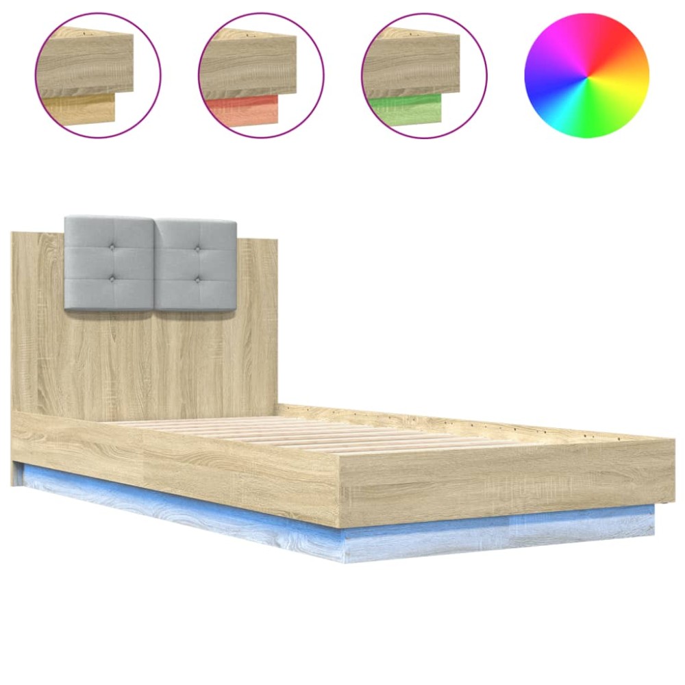 vidaXL Cadru de pat cu tăblie și lumini LED, stejar sonoma, 75x190 cm