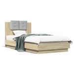 vidaXL Cadru de pat cu tăblie și lumini LED, stejar sonoma, 75x190 cm
